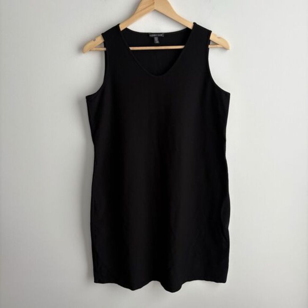 Eileen Fisher Dress Medium Black Midi Scoop Neck A-Line Sheath Casual Career